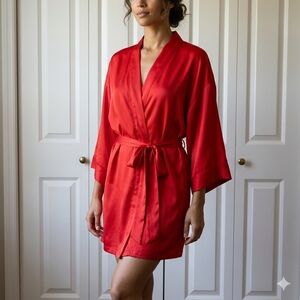 La SENZA Red Satin Robe Lingerie Cover Up Sz S-M